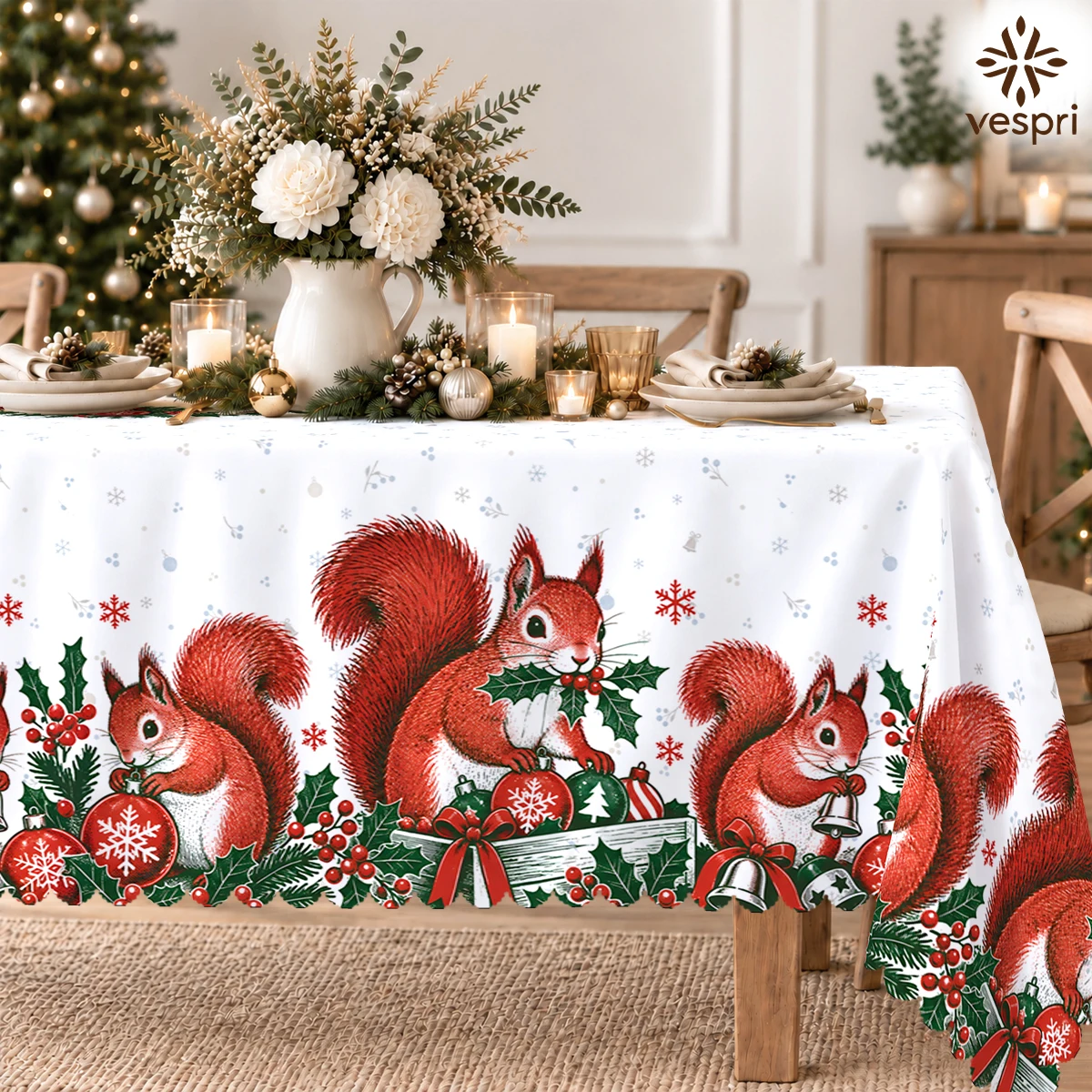 Woodland Tablecloth with Reindeer, Squirrels, Santa for Indoor/Outdoor Camping decor, Rectangular/Round/Oval