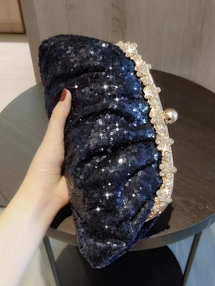 Bolso de noche fruncido con lentejuelas para mujer, bolso de mano con diamantes de imitación brillantes, bolso de cadena para boda, banquete y fiesta