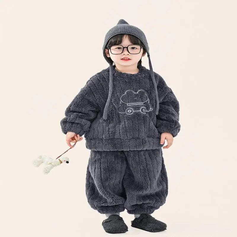 

2025 Boys Girls Coral Fleece Pajama Set Autumn Winter Cartoon Loungewear Round Neck Homewear Children Clothing 4-8 Years Old