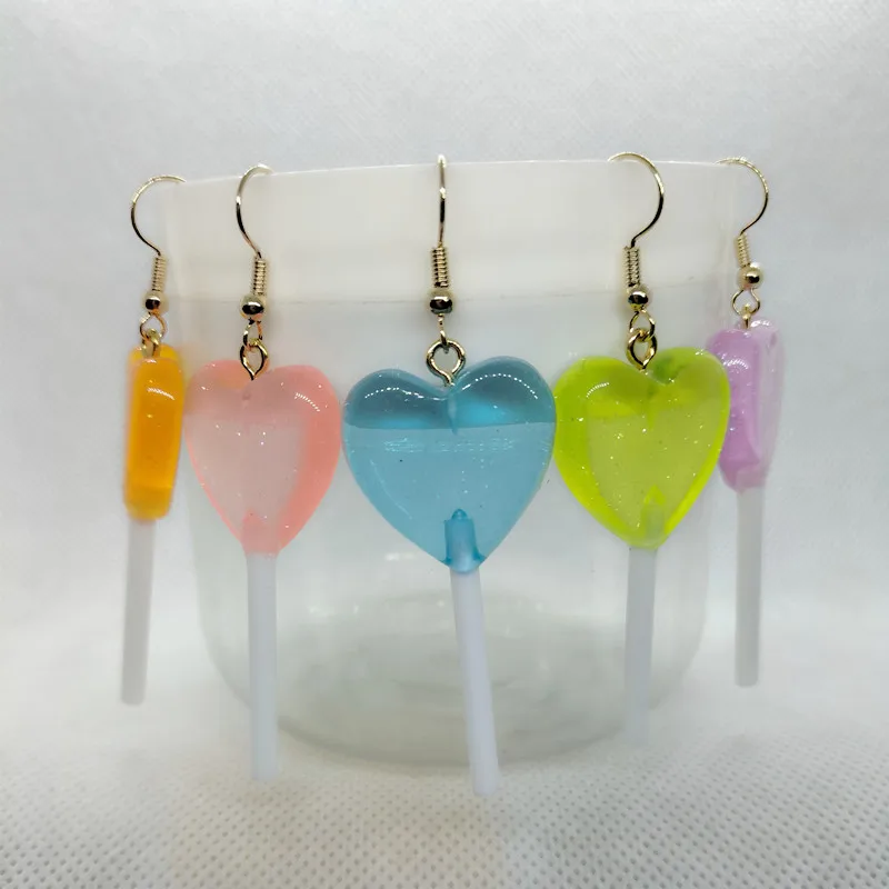 Yungqi Resin Glitter Lollipop Candy Shape Charms Dangle Earrings for Women Girl Heart Drop Earring Bff Friendship Jewelry Brinco