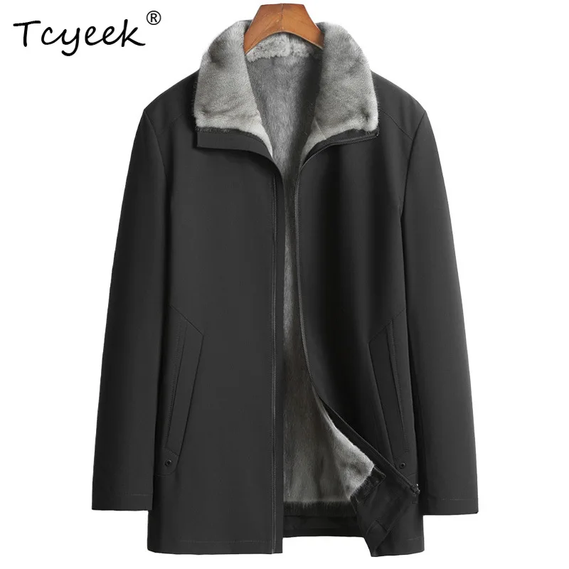 Tcyeek Natural Whole Mink Fur Coat Men Winter Clothes Mid-length Real Fur Parka Warm Mens Coats Mink Collar Trendy Slim Fit 2026