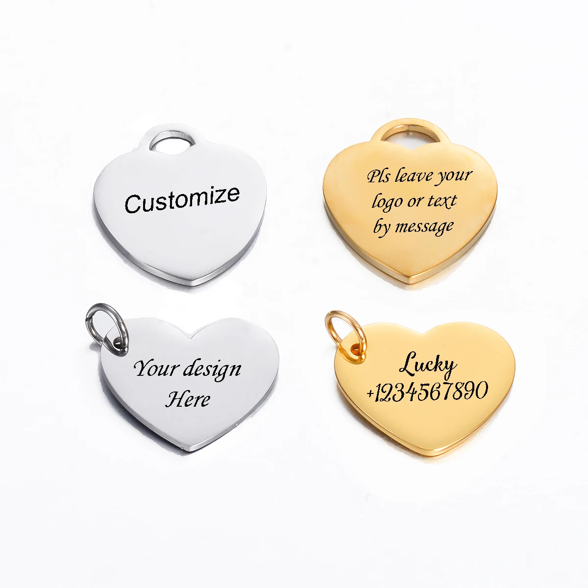 5Pcs Stainless Steel Mirror Polish Customized text or logo ID Heart Pendant Wholesale Jewelry Finding Accessories