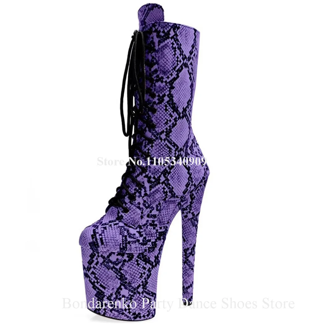 Sexy Blue Purple Snakeskin Pattern Leather Stiletto Heel Short Boots Round Toe Lace-up High Platform 20cm Thin Heel Ankle Boots