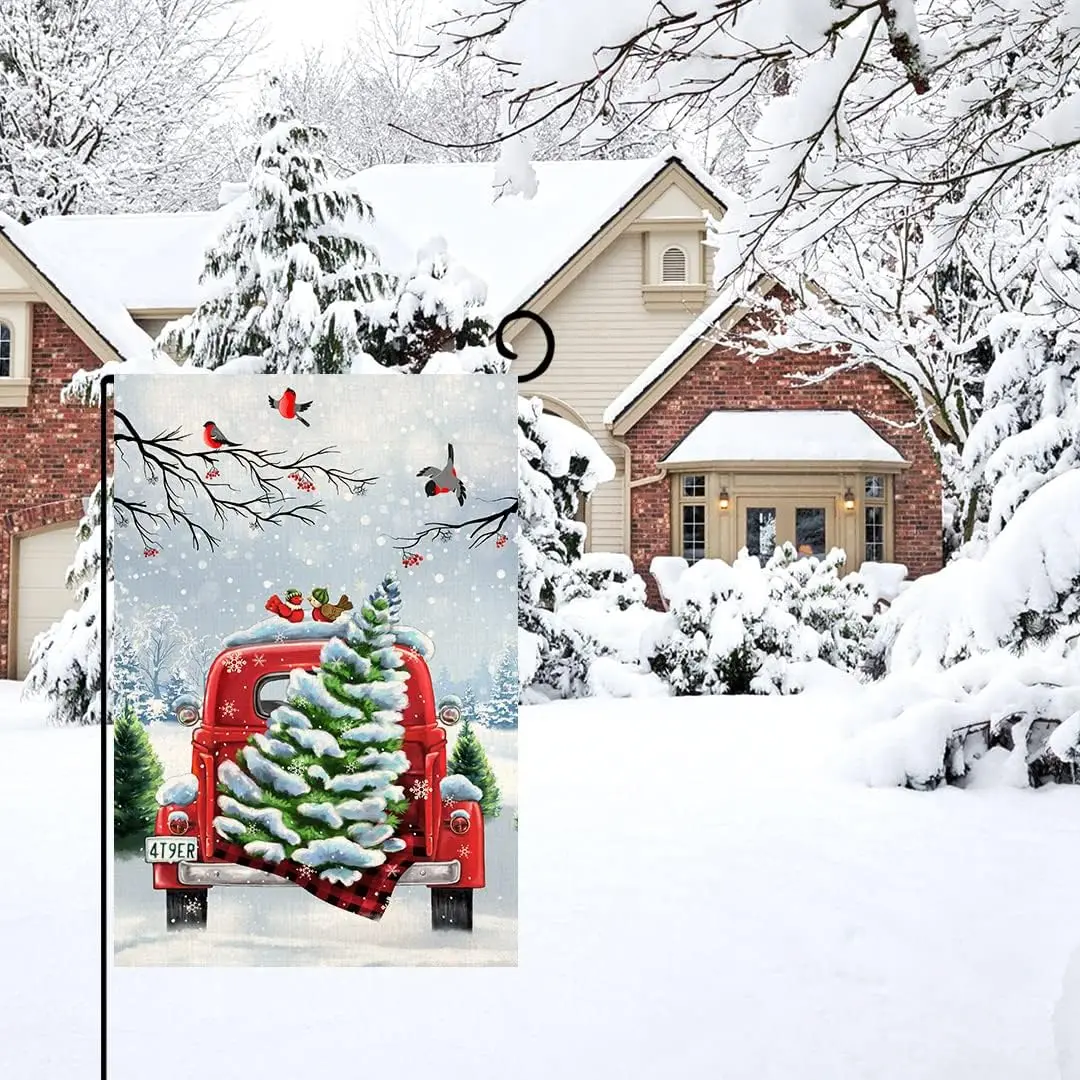 Christmas Garden Flag 12x18 Vertical Double Sided Farm Truck with Trees and Bird Winter Holiday Outside Decorations Burlap Yard