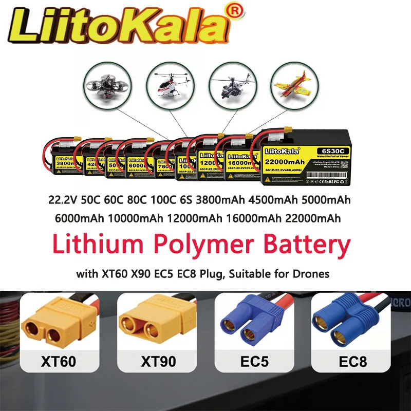 

LiitoKala RC Lipo Battery Rechargeable Battery 22.2V 3800-22000mAh 6S 30CWith XT60 XT90 Connector