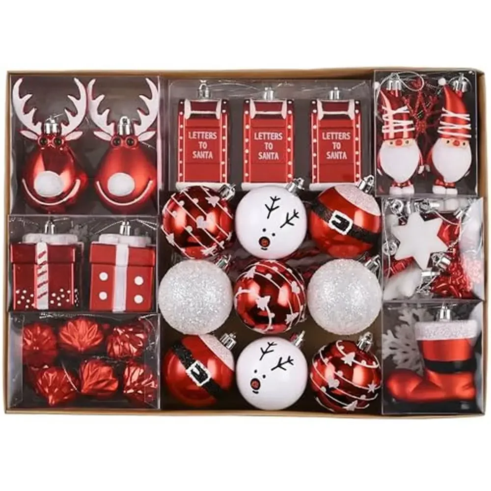 Christmas Ornament Set 100ct Red White Assorted Traditional Holiday Decor Santa Snowman Stars Boots Snowflakes