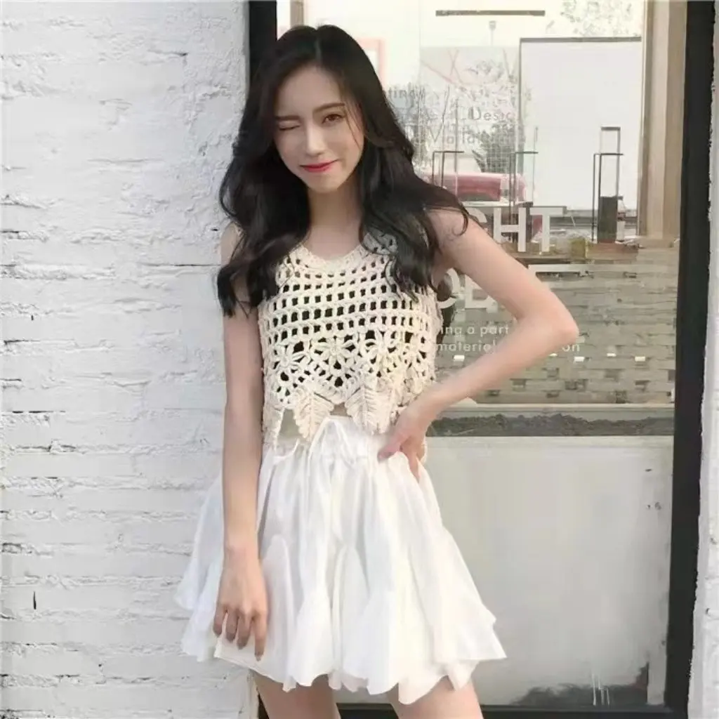 

Retro Hong Kong Style Knitted Blouse Women's Sleeveless Camisole Summer Hollow-Out Design Versatile Short Top