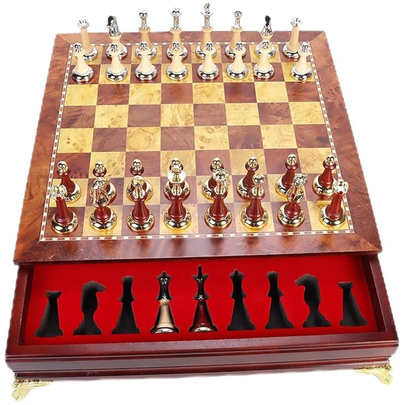 High-end desktop 38cm/15inch wooden chess set with storage drawer, large chessboard 2 additional queen sized metal wooden pieces