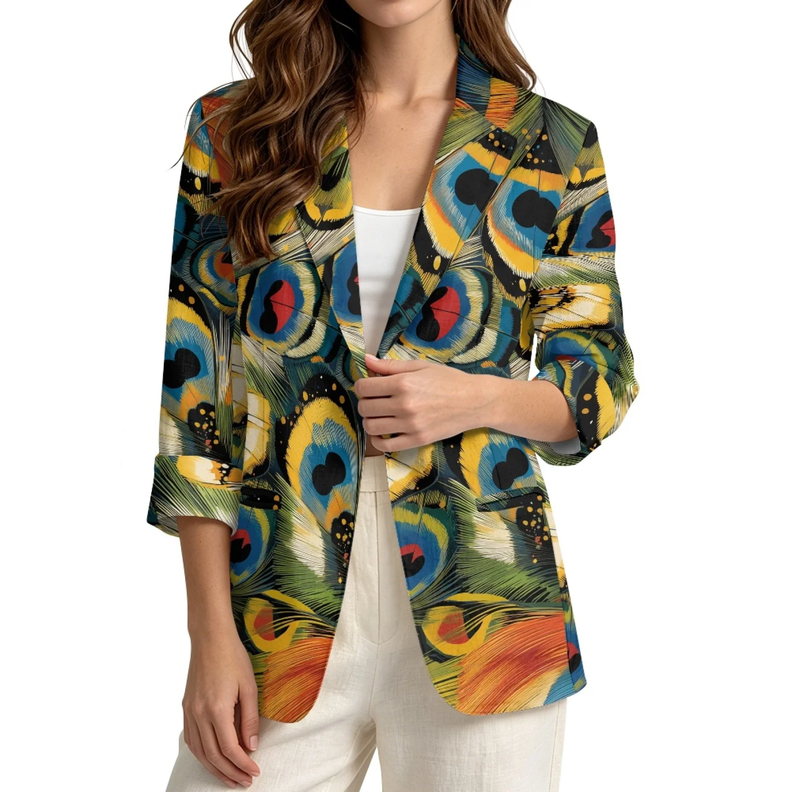 PENSTROLL Fashionable Linen Style Fall Outerwear Casual Layering Top for Vacation Peacock Feather