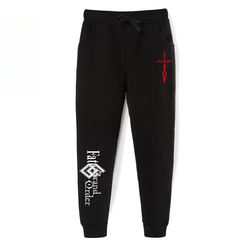 

Black Fate Grand Order Street Pants with White Flame Pattern Print Fate Grand Order Text Elastic Drawstring Waist Thick Winter