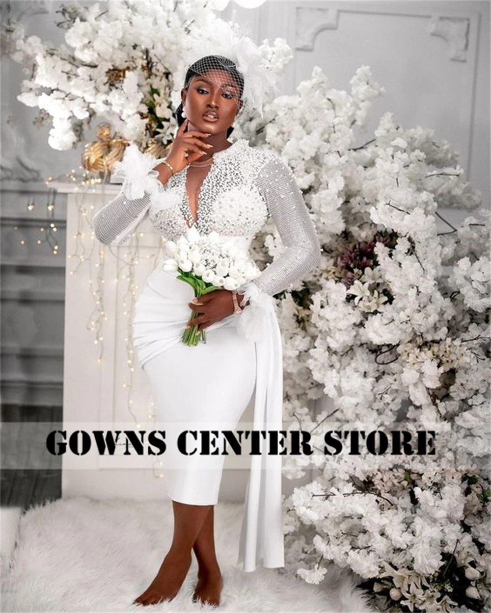 Remarkable Aso Ebi Wedding Dresses For Brides 2025 Mermaid Long Sleeves Beaded Pearls Ruched African Bridal Dress Customized