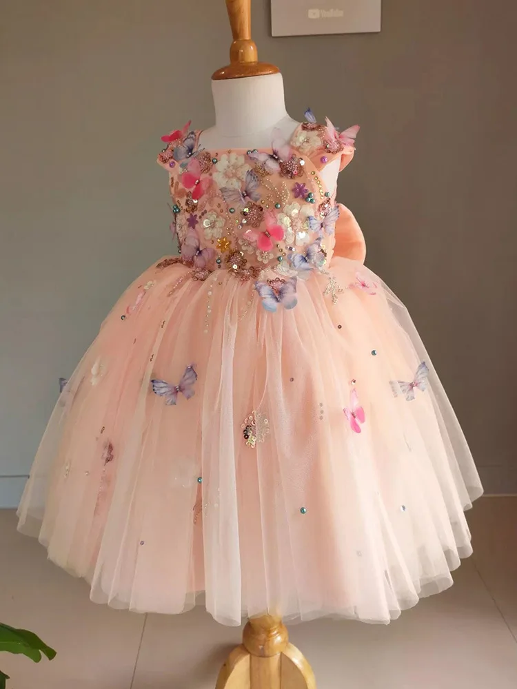 Gorgeous Girls Princess Flower butterfly Beading Tulle Dress Children Wedding Gown baby infant Birthday Party Kids Dresses