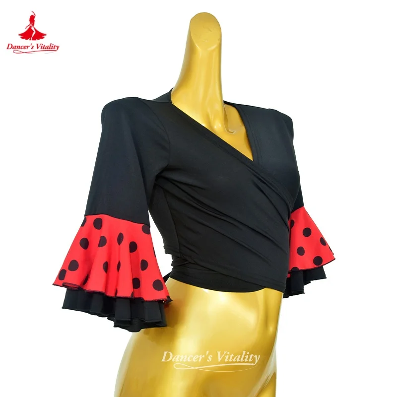 Spanish Flamenco Dance Costume Women's Sexy V-neck Trumpet Sleeve Top Adult Tango Rumba Samba Practice Clothes Dancer's Vitality