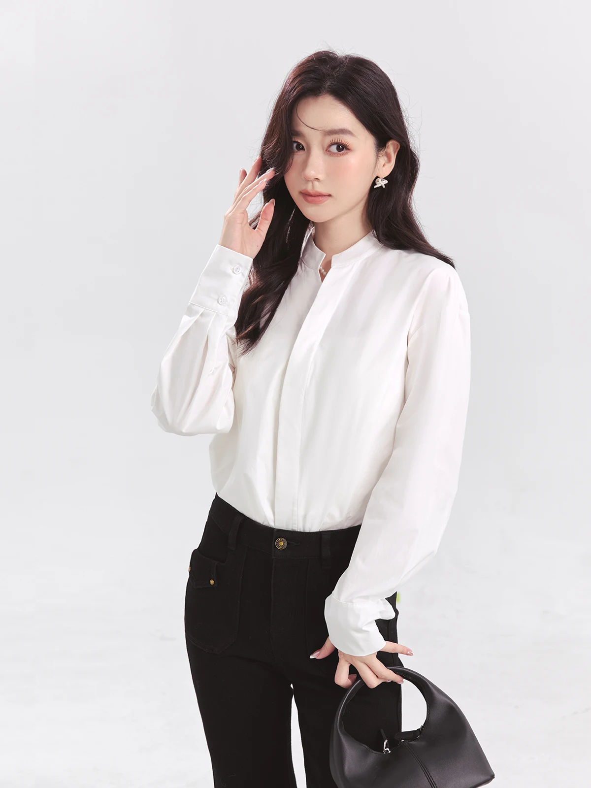 

Design Sensation White irt Women's Autumn 2025 New Stand Collar Commute Profional High-End Feeling Top Cotton 00%