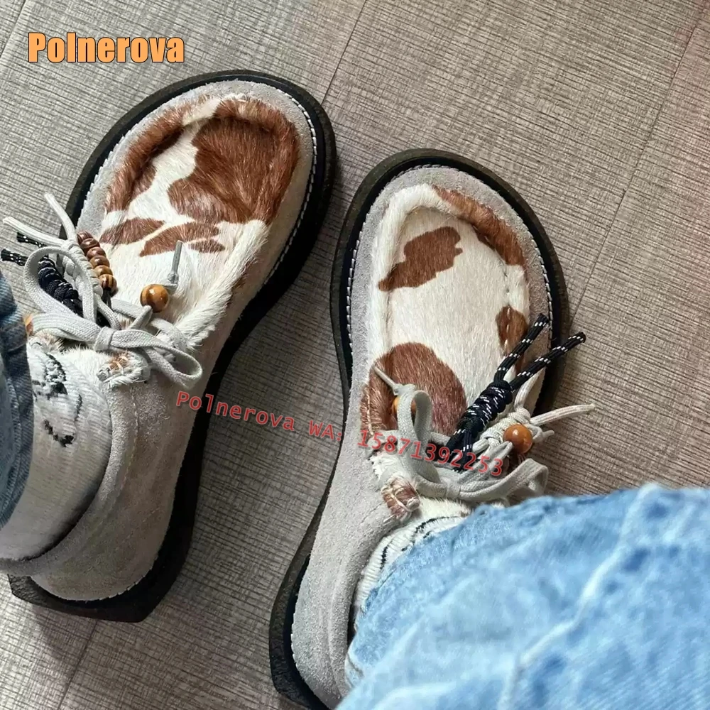 Cow Pattern Retro Mohair Patchwork Pumps Round Toe Thick Sole Lace Up String Bead Mixed Colors Couple Loafer Shoes Spring Trend