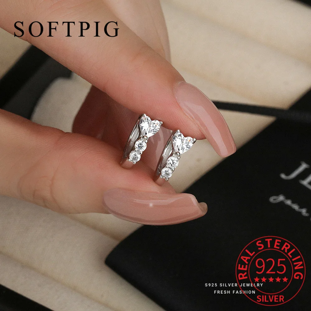 

SOFTPIG настоящее серебро 925 пробы с цирконием в форме сердца, круглые серьги-гвоздики для женщин, вечерние милые изящные ювелирные изделия, геометрические аксессуары