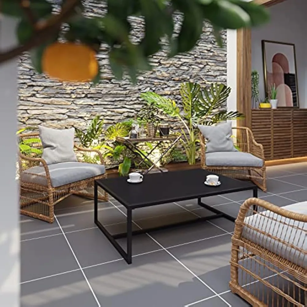 EMMA + OLIVER Mesa de centro para patio de acero para interiores/exteriores de grado comercial para todo clima en negro