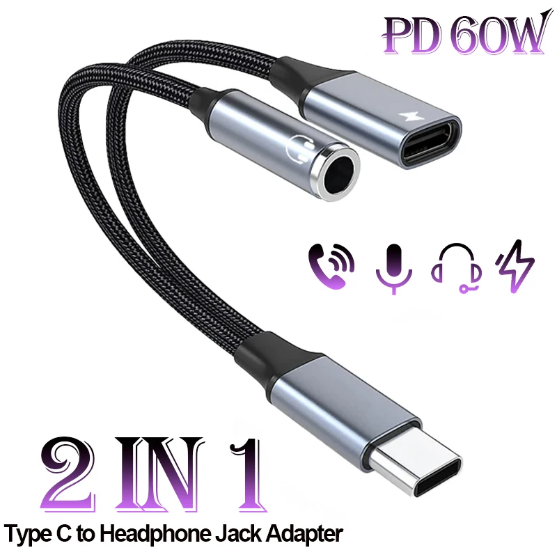 2 in 1 USB C to 3.5mm Headphone and Charger Adapter USB C PD 3.0 Port to Aux Audio Jack with PD Fast Charging Dongle Cable Cord