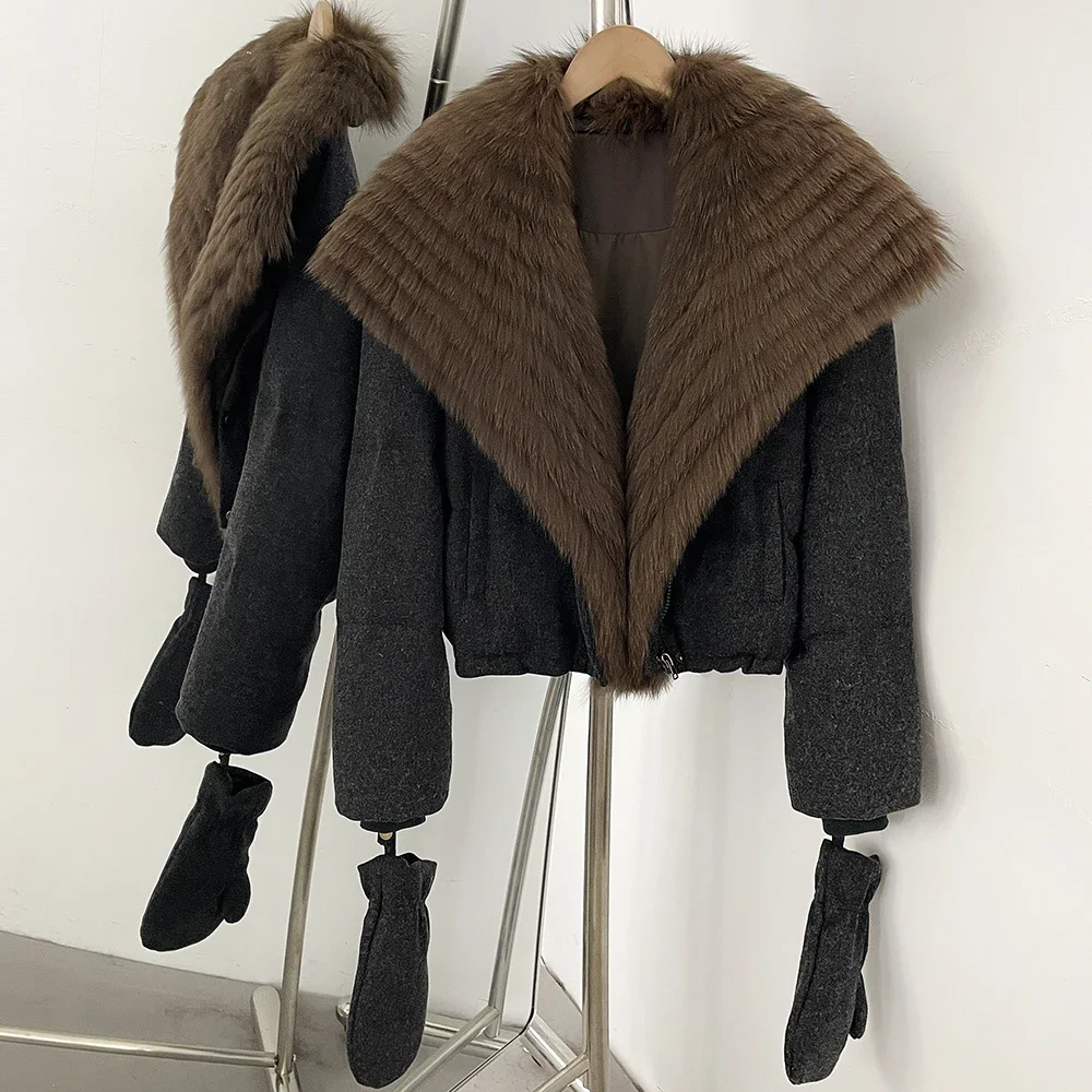OFTBUY Daunenjacke mit passenden Handschuhen, neue, warme Winterjacke mit echtem Fuchspelz, luxuriöse Damenjacke aus Wollmischgewebe. – Detail 8