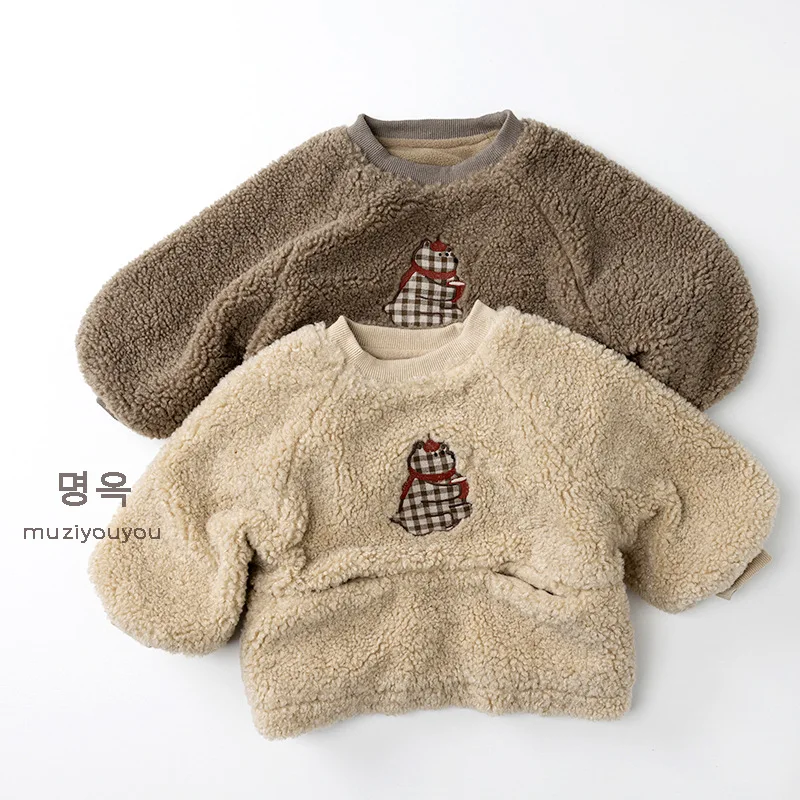 2025 Winter New Children Long Sleeve Warm Plush Sweatshirt Cute Boys Girls Thick Fleece Sweatshirt Kids Baby Plus Velvet Tops