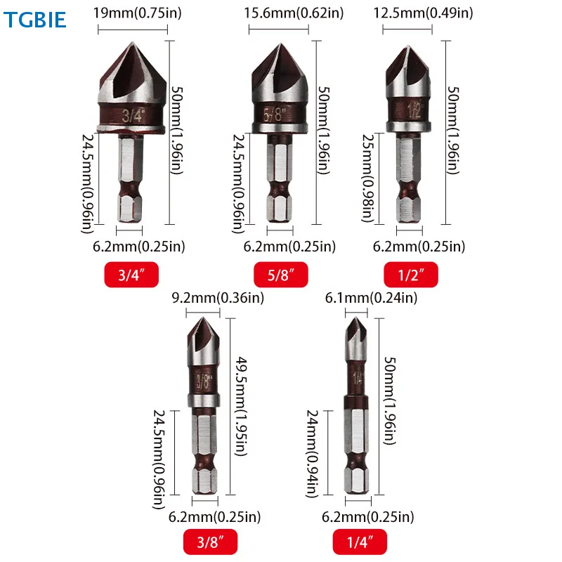

Набор из 5 шт. (1/2, 1/4, 3/8, 3/4, 5/8 дюйма) зенкеров-фрез с шестигранным хвостовиком для обработки дерева, металла, пластика, инструменты для снятия фаски