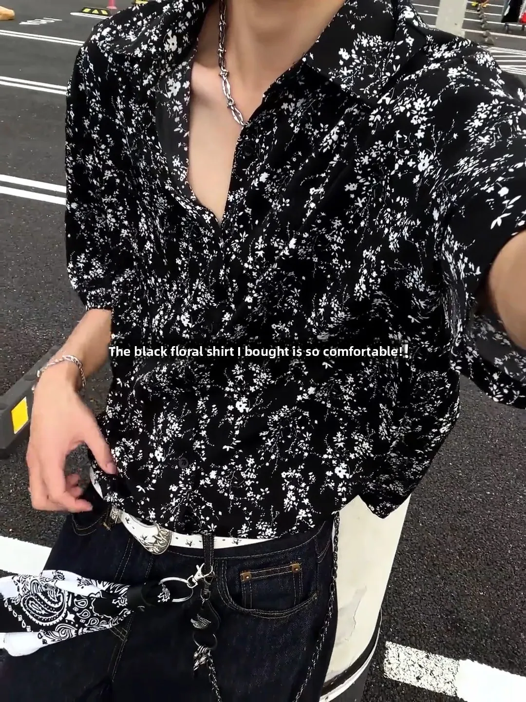 Black Floral Print Ice Silk Short Sleeve Men's Shirt Hawaiian Vacation Beach Style Retro American Casual Summer Shirt