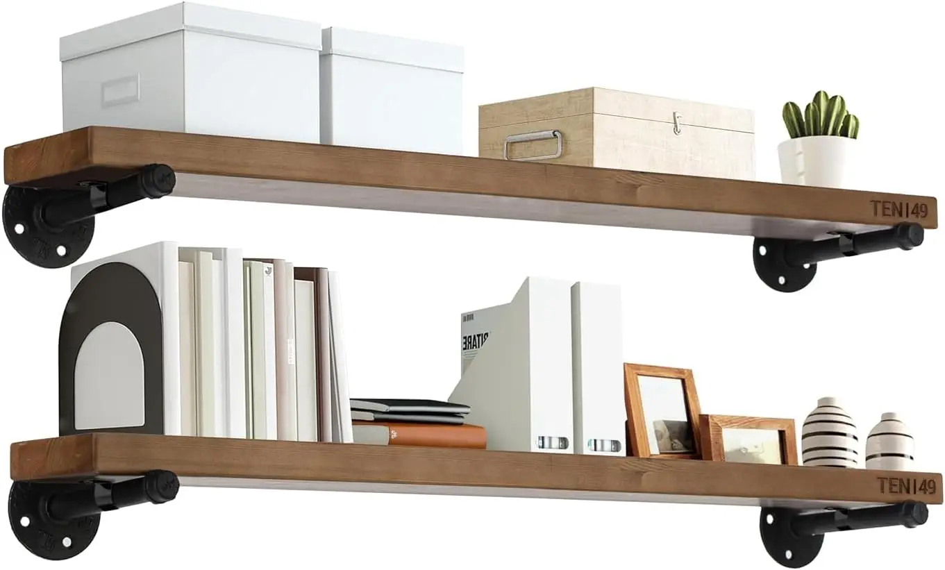 

Набор из 2-х деревянных настенных полок в индустриальном стиле - темно-коричневые, для кухни и ванной комнаты