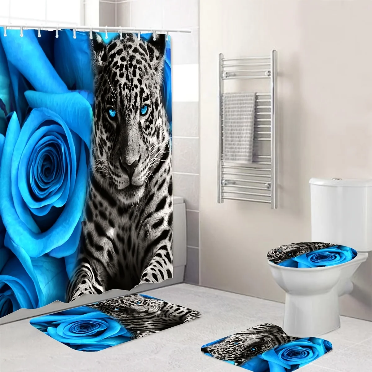 

Blue Rose Leopard Shower Curtain With Non-Slip Rugs Toilet Lid Cover,Bath Mat With 12 Hooks Durable Waterproof Bathroom Decor