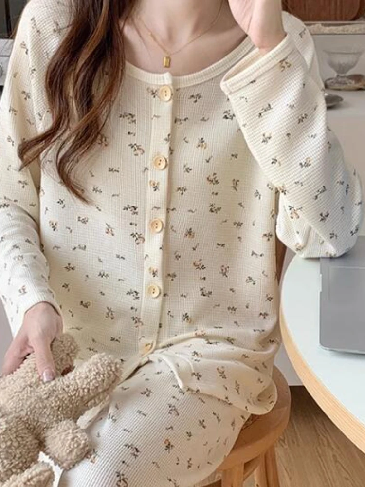 Pajama Sets Women Flowers All-match Sweet Simple Daily Korean Style Basics Leisure Popular Creativity Vintage Delicate Home New