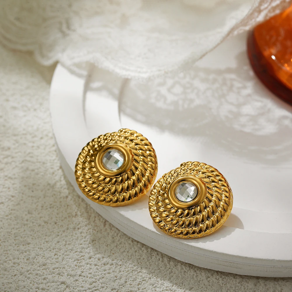 

Exquisite Rhinestone Weave Gold Color Stud Earrings Women Vintage Twist Rope Stainless Steel Earring Trendy Chic Jewelry Gift