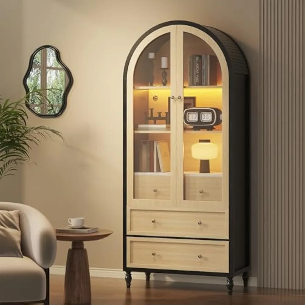 73 Inch Tall Arched Cabinet, Arched Storage Cabinet With Doors, Black-Oak Arched Pantry, LED Lighted Display Cabinet