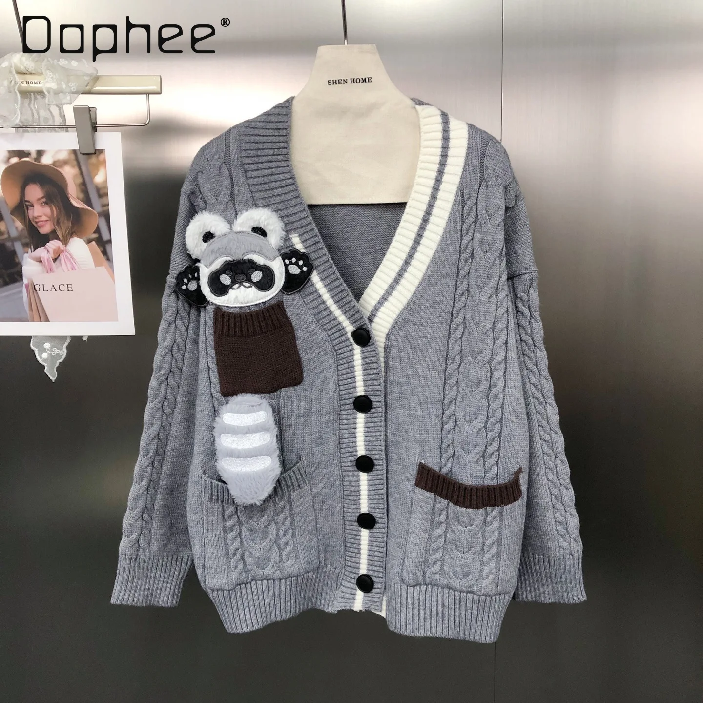 

Japanese Style College Soft Girl 3D Cartoon Pocket V-Neck Loose Age-Reducing Versatile Gray Sweater Coat for Women