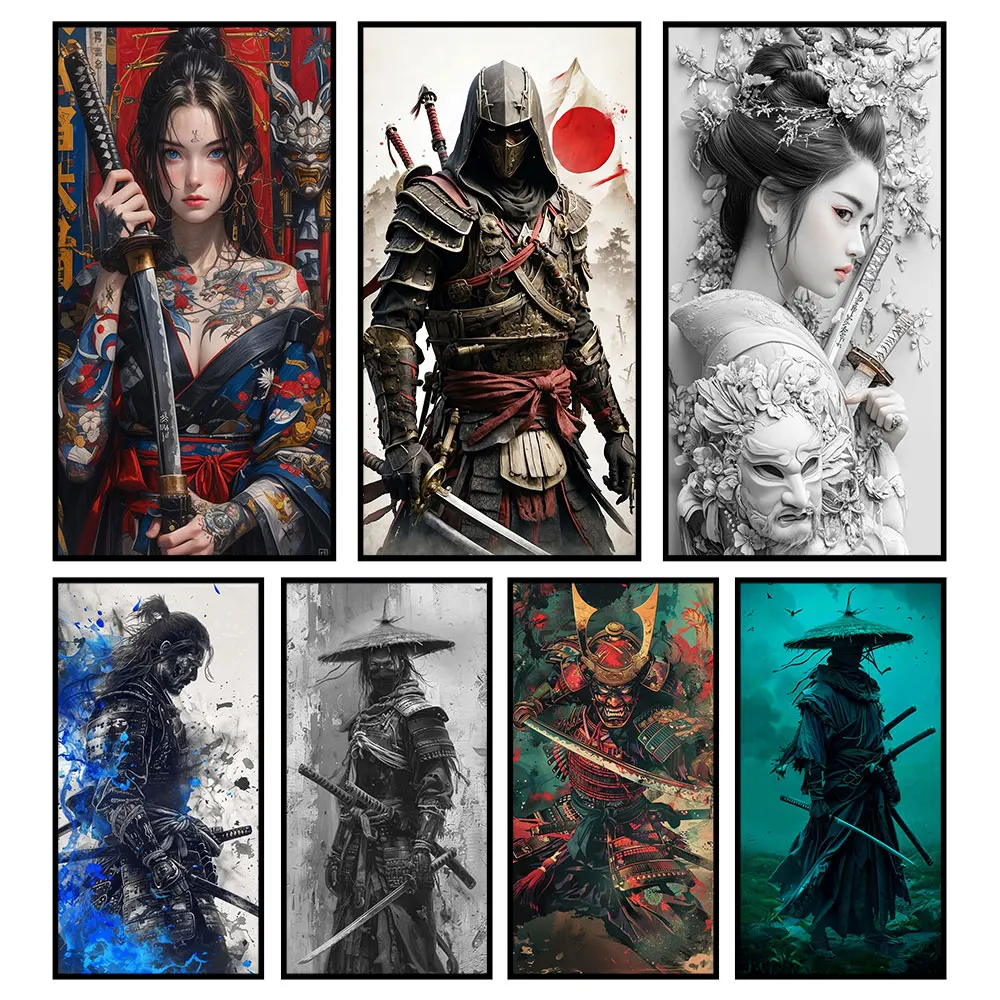 Vintage Japanese Samurai Poster Printed Canvas Modern Living Room Drawing Art Decor Black White Photo Wall Decoration