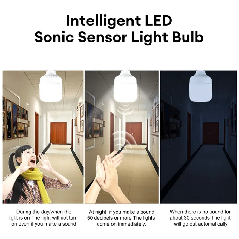 LED E27 Sound Sensor Lamp 5-30W Voice Contorl Lamp Stair Corridor Hallway Light AC220V Cold White Motion Sensor 6500K Light
