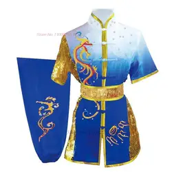 2025 tradicional chinês wushu kung fu conjunto lantejoulas dragão bordado shaolin uniforme kungfu palco desempenho topos + calça + cinto conjunto