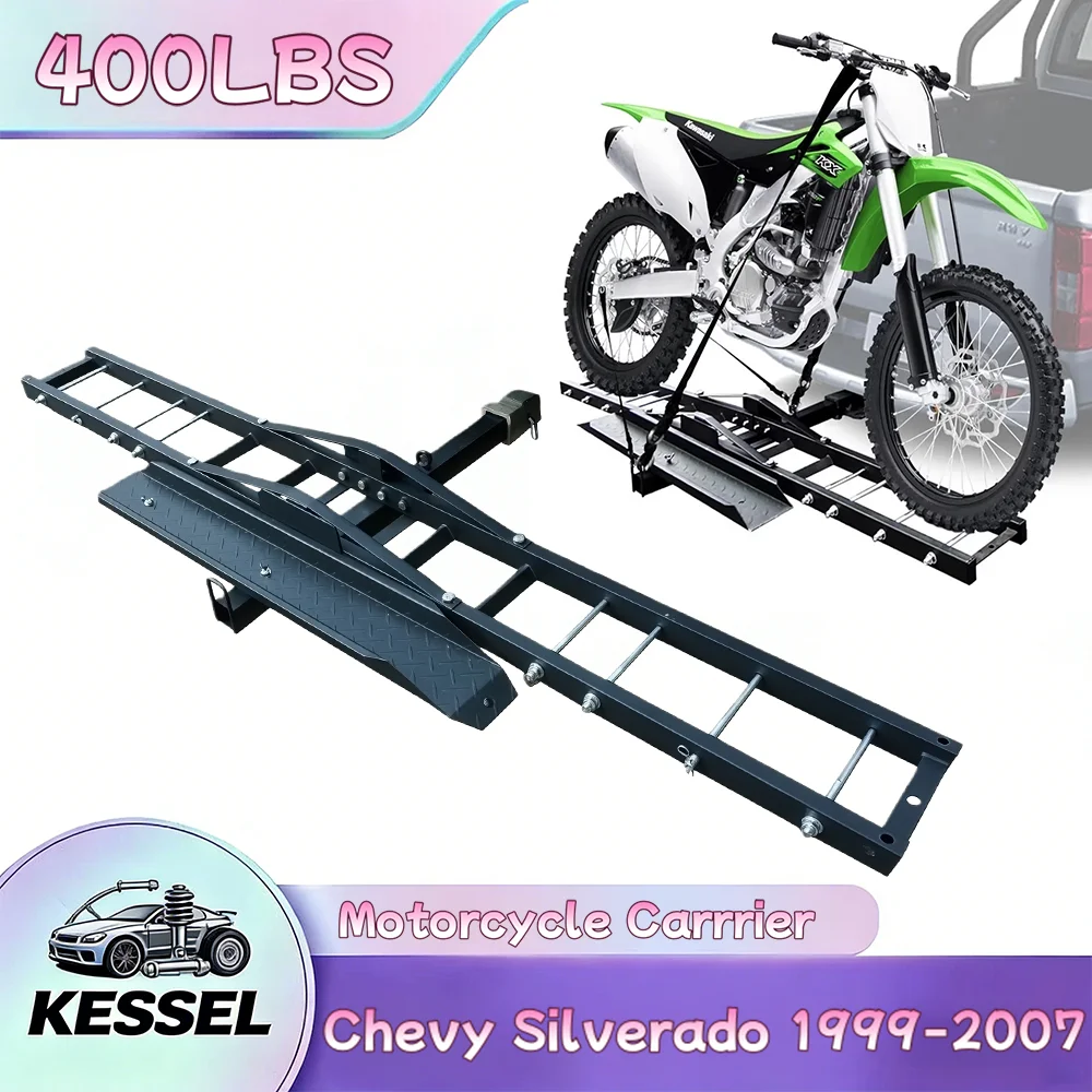 

Усиленный стальной мотоциклетный багажник для фаркопа 2 дюйма - наклоняемый и запираемый, с пандусом для загрузки, для Chevrolet Silverado 1999-2007