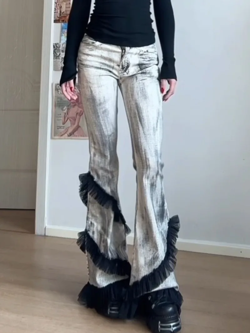 American Retro Plus Size Washed Lace Edge Micro Flared Jeans Street Style Spicy Girl Slim Fit Wide Leg Flared Pants Jeans