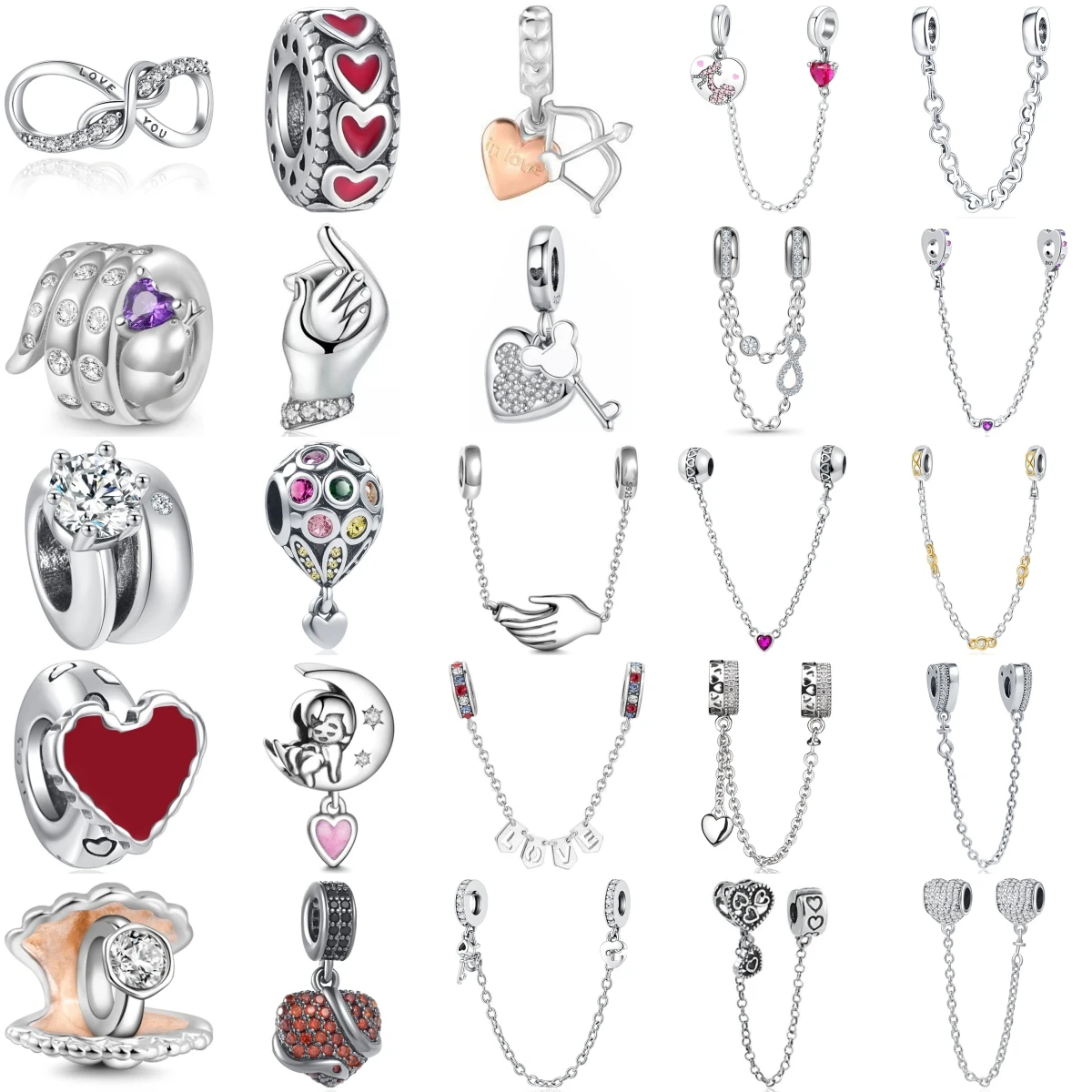 925 Sterling Silver Romantic Heart Safety Chain Beads Hand Moon Baby Balloon Crystal Charm Fit Valentine Jewelry Gift