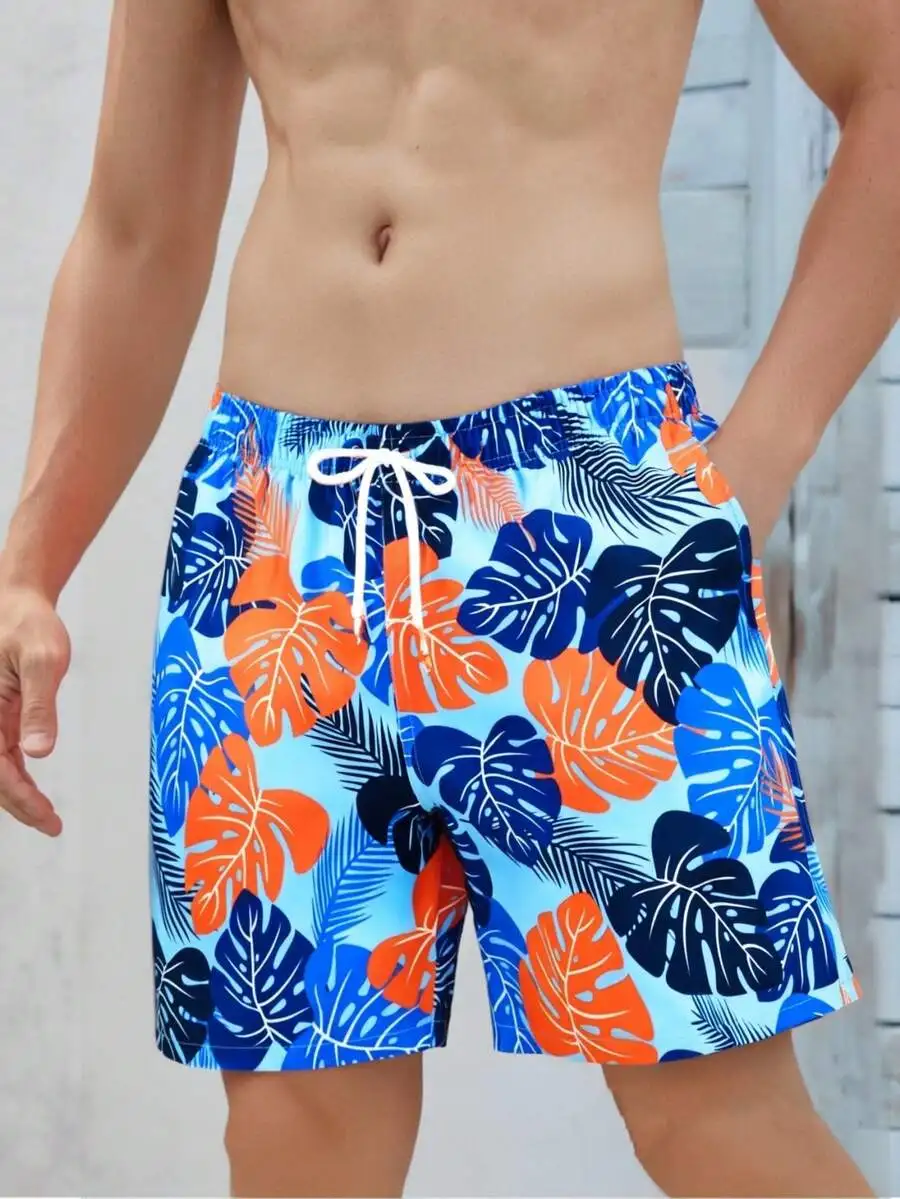 

Mens Tropical Leaf Print Beach Shorts With Drawstring Waist Lightweight Casual Summer Shorts