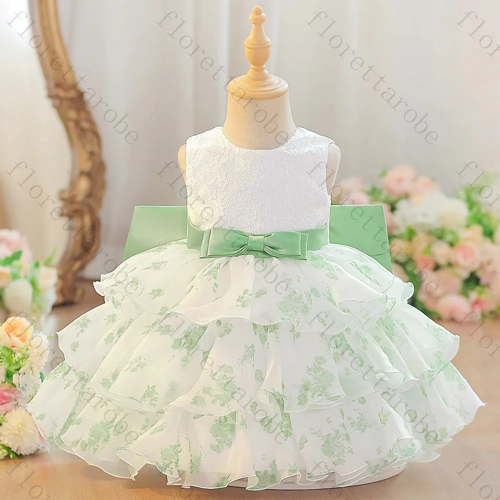 Customized Green Flower Girl Dress A Line Short Round Neck Sleeveless Lace Floral Print Tulle Bow Ruffle Kid Party Princess Gown