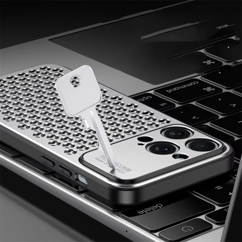 

Luxury Metal Silicone 2 in1 Honeycomb Heat Dissipation Phone Case For iPhone 14 13 15 16 Pro Max Protection Anti Scratch Cover