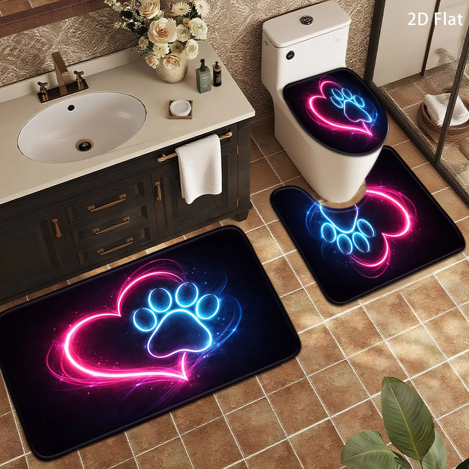 Neon Heart Paw Print Bathroom Floor Mat Set 3pcs Non-Slip Absorbent Toilet Lid Cover U-Shaped Rug and Home Entrance Mat