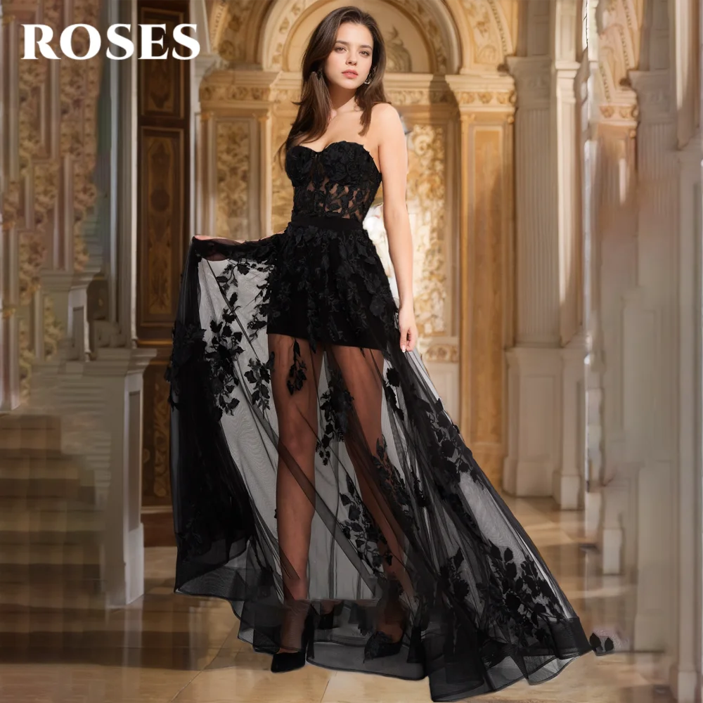 

ROSES Black Sexy Hollow Prom Dress Sweetheart Fishbone Backless Prom Gown Lace Applique Evening Dress robes de soirée Customized