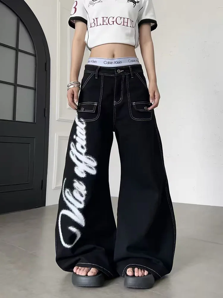 Gothic Graffiti Wide Leg Jeans Women Y2K American High Waist Street Scimitar Pants Bf Harajuku Hip Hop Straight Denim Trousers