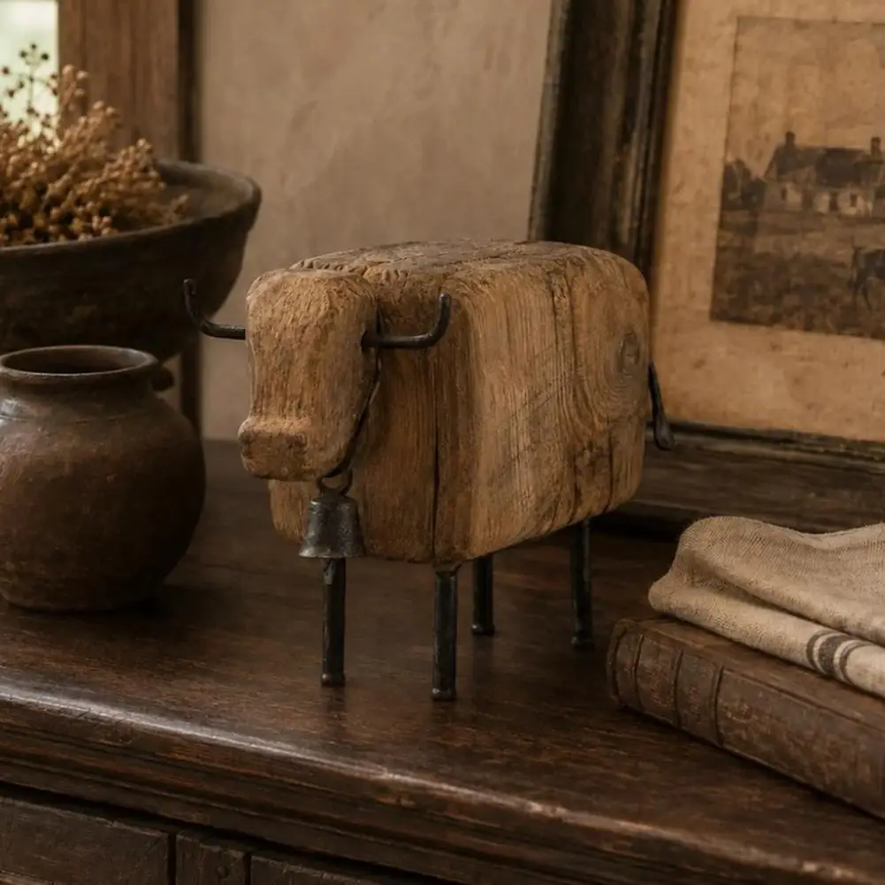 Distressed Wood Look Tabletop Statue Rustic Sheep Figurine with Bell Faux Wood Resin Farmhouse Lamb Statue Vintage for Desk