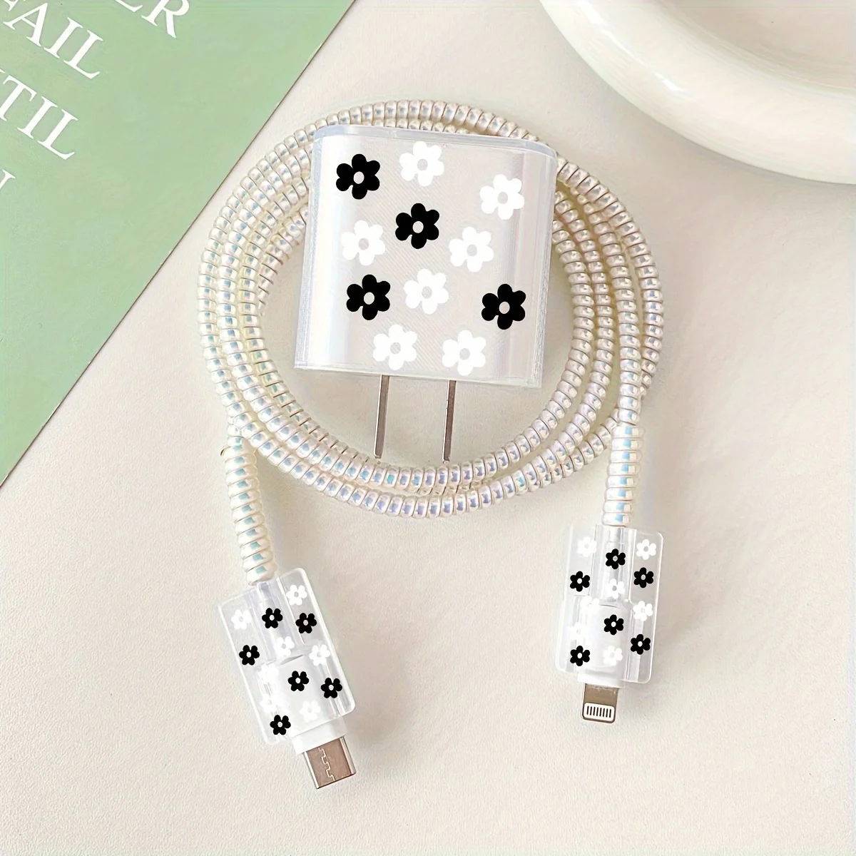 For Apple 18W 20W Charger Protection Cover For iPhone 16 Pro Max 15 14 13 Cute Flowers USB Cable Winder Organiser Protector Case