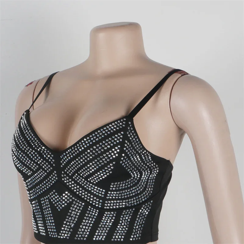 Sexy Rhinestones 2 Piece Sets Women Outfit Festival Clothing Camisole Crop Top and Mini Skirt Sets Party Club Birthday Outfits