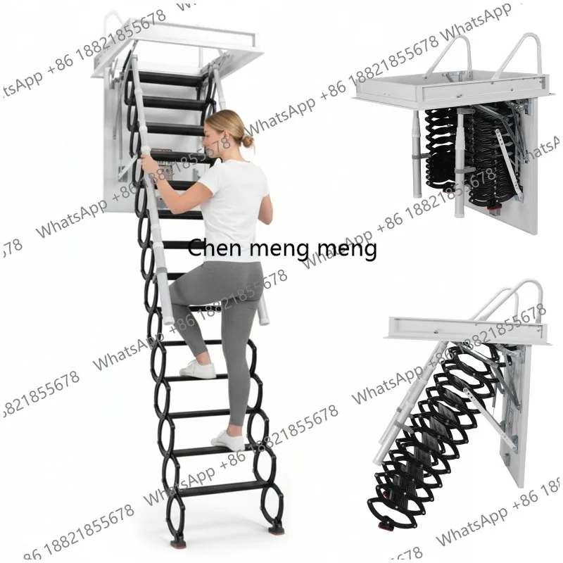 12 Steps Ceiling Mounted Attic Ladder with Handrails Wall-Mounted Staircase 660LBS Capacity Height Adjustable for Rough Opening