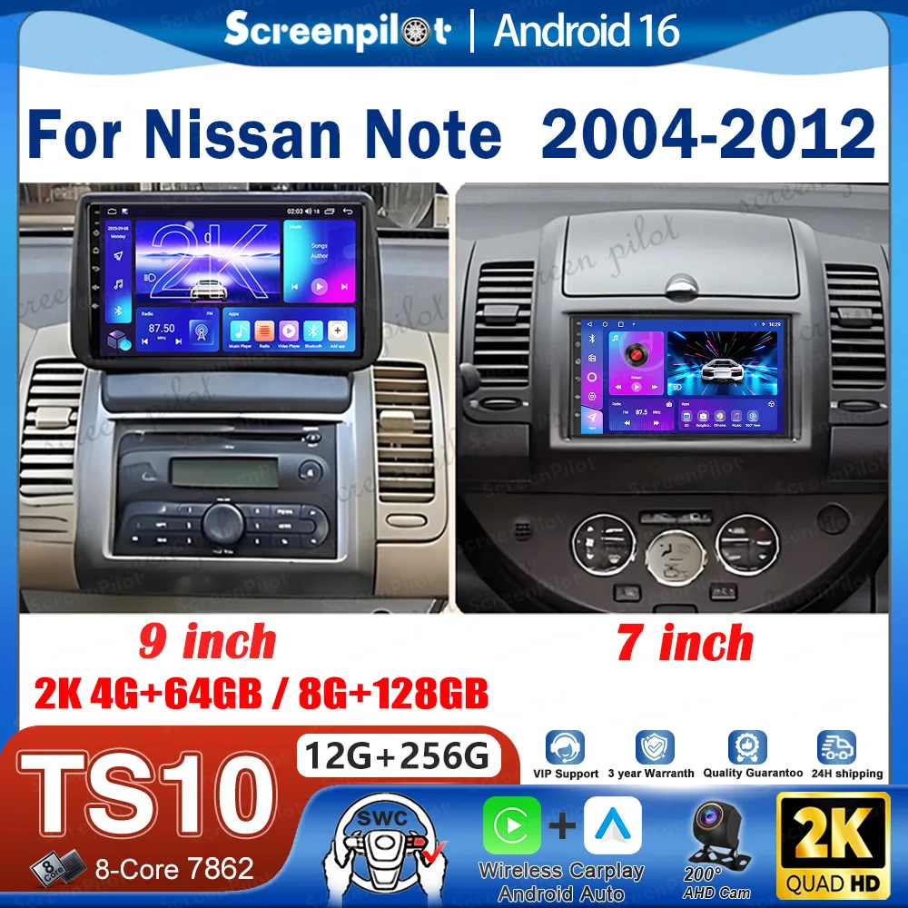 Android 16 For Nissan Note 2004-2012 Car Radio Stereo Head Unit CarPlay Auto Radio Touch Screen Wifi 8 Core Monitor Screen TV