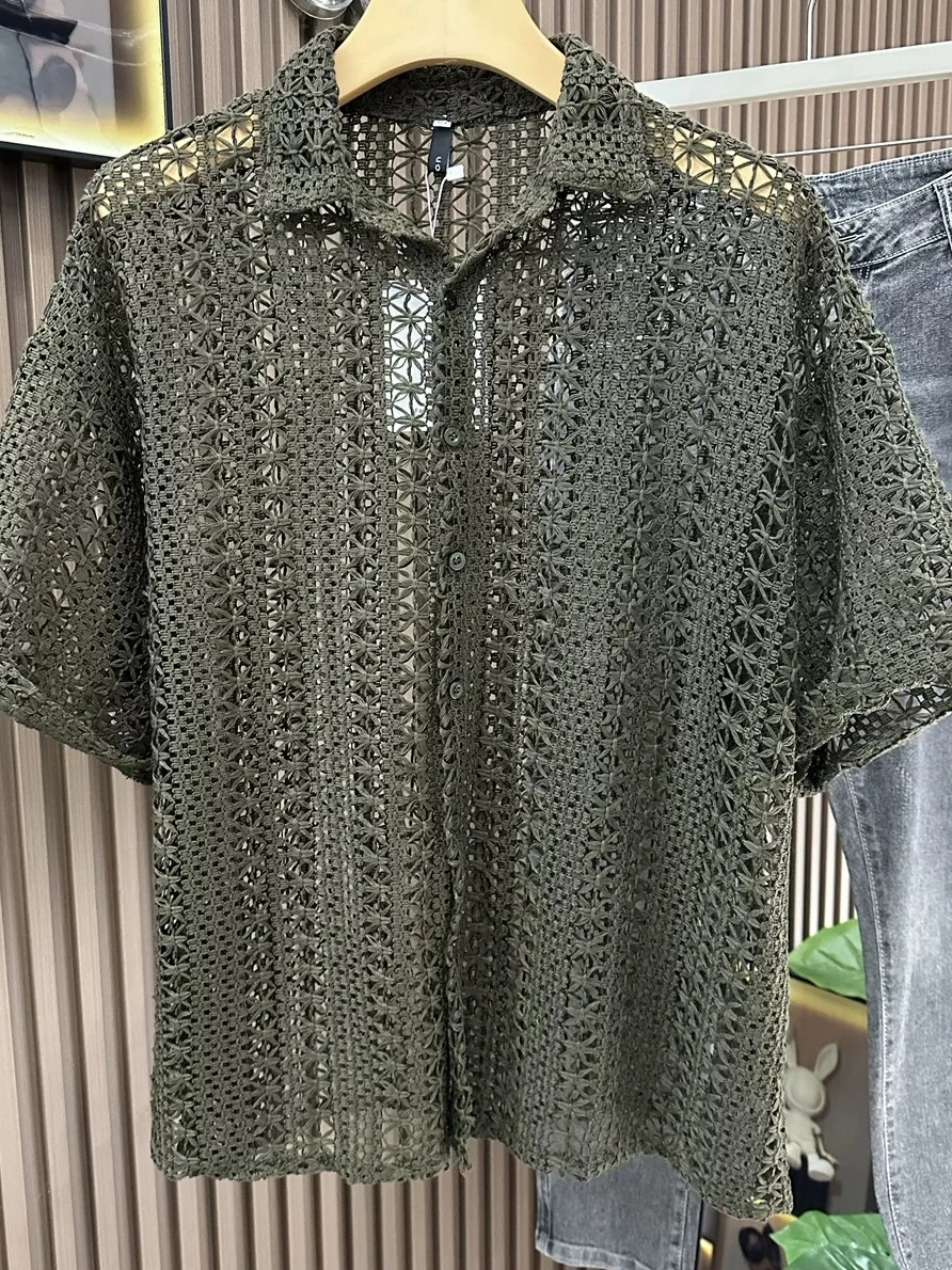 Sexy Hollow out Knitted Cardigan Men's Twist Rope Green Short Sleeve Shirt Southeast Asia Mesh See through Wool Shirt